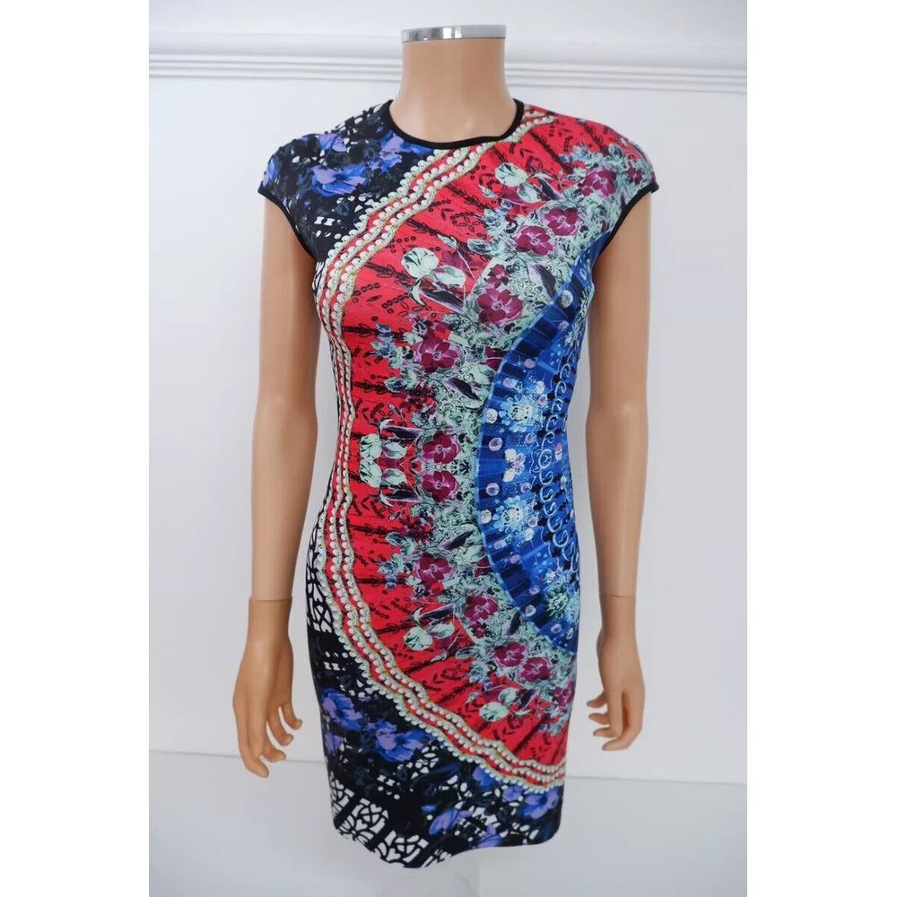 Womens Multicolor Floral Kaleidoscopic Bodycon Cap Sleeve Knee Length Dress